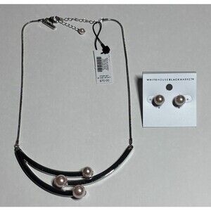 White House Black Market WHBM Pink Pearl Necklace & Earring Set Silver Tone NWT